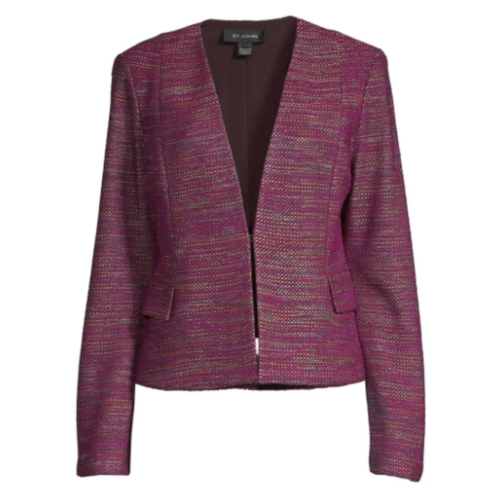 St. John Collarless Woven Fuchsia Multicolor Tweed Boucle Blazer Jacket 8 2019